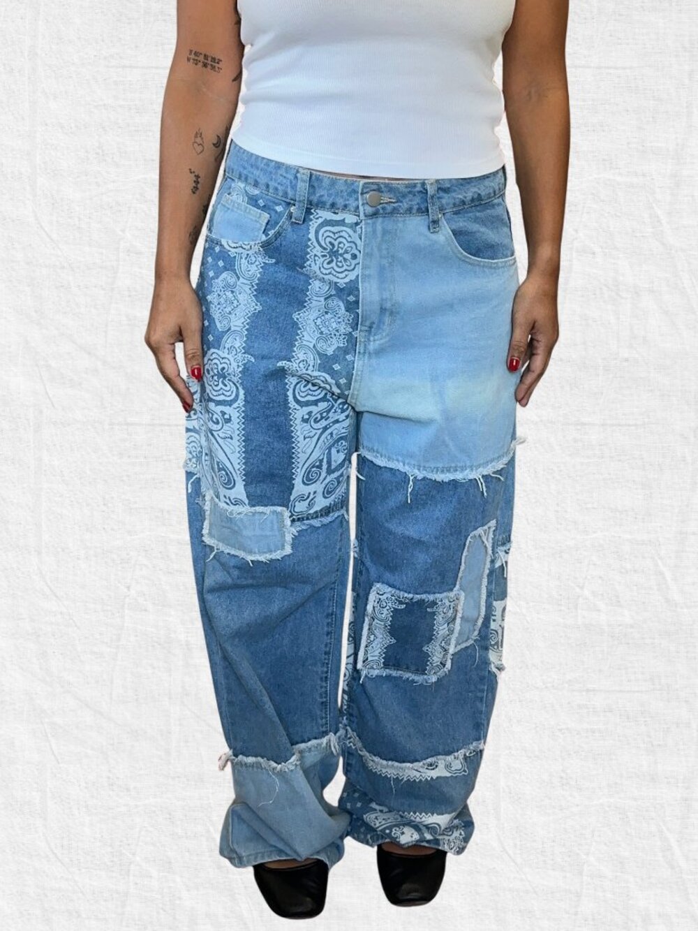SHEIN Bandana Patchwork Denim Jeans Size L (8/10)